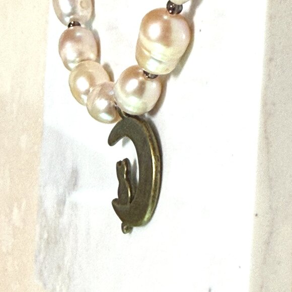 Genuine Pale Pink Freshwater Pearl Bronze Cat on the Moon Beaded Short Necklace - Picture 6 of 11